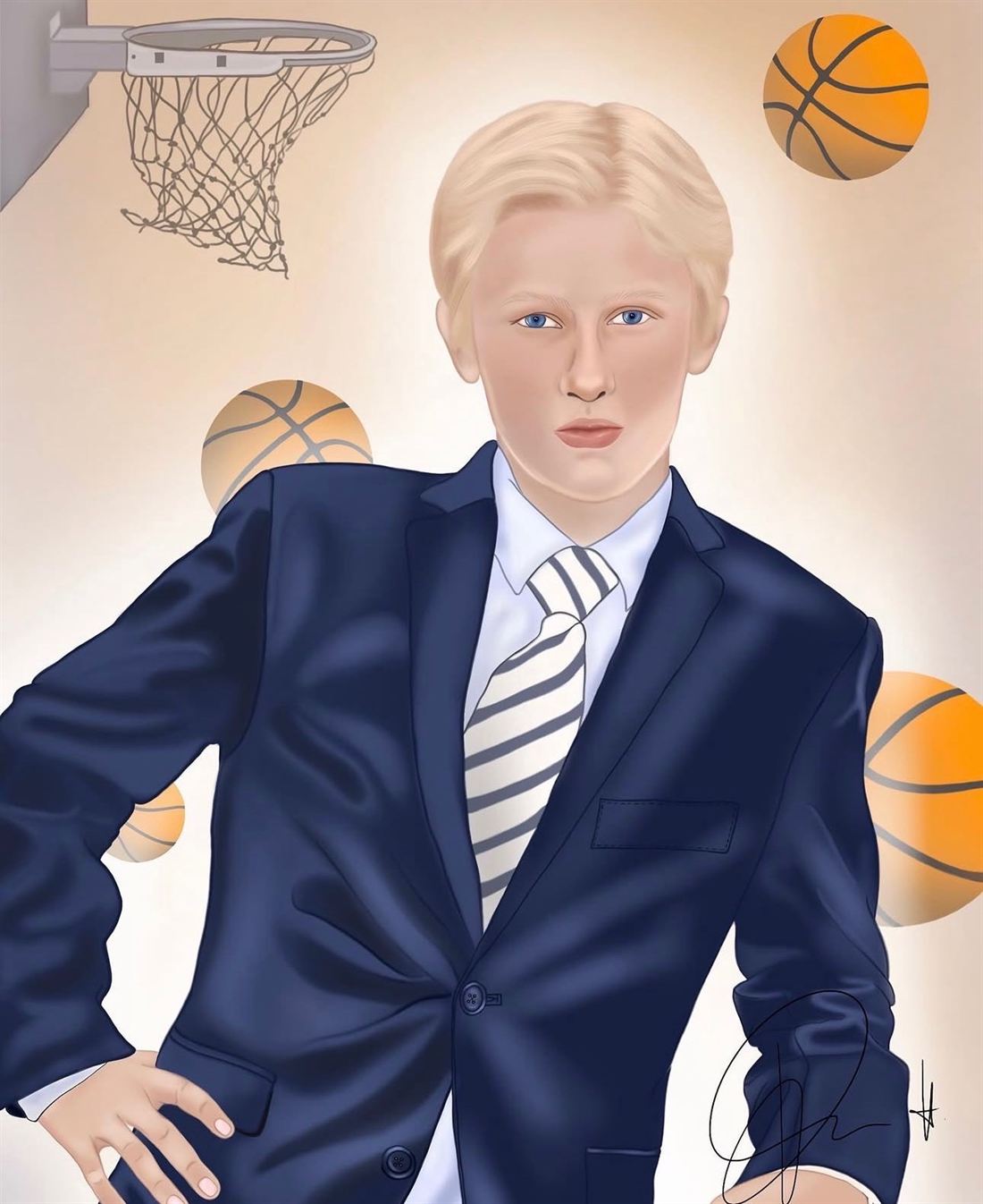 Tegning av en gutt i dress med basketball