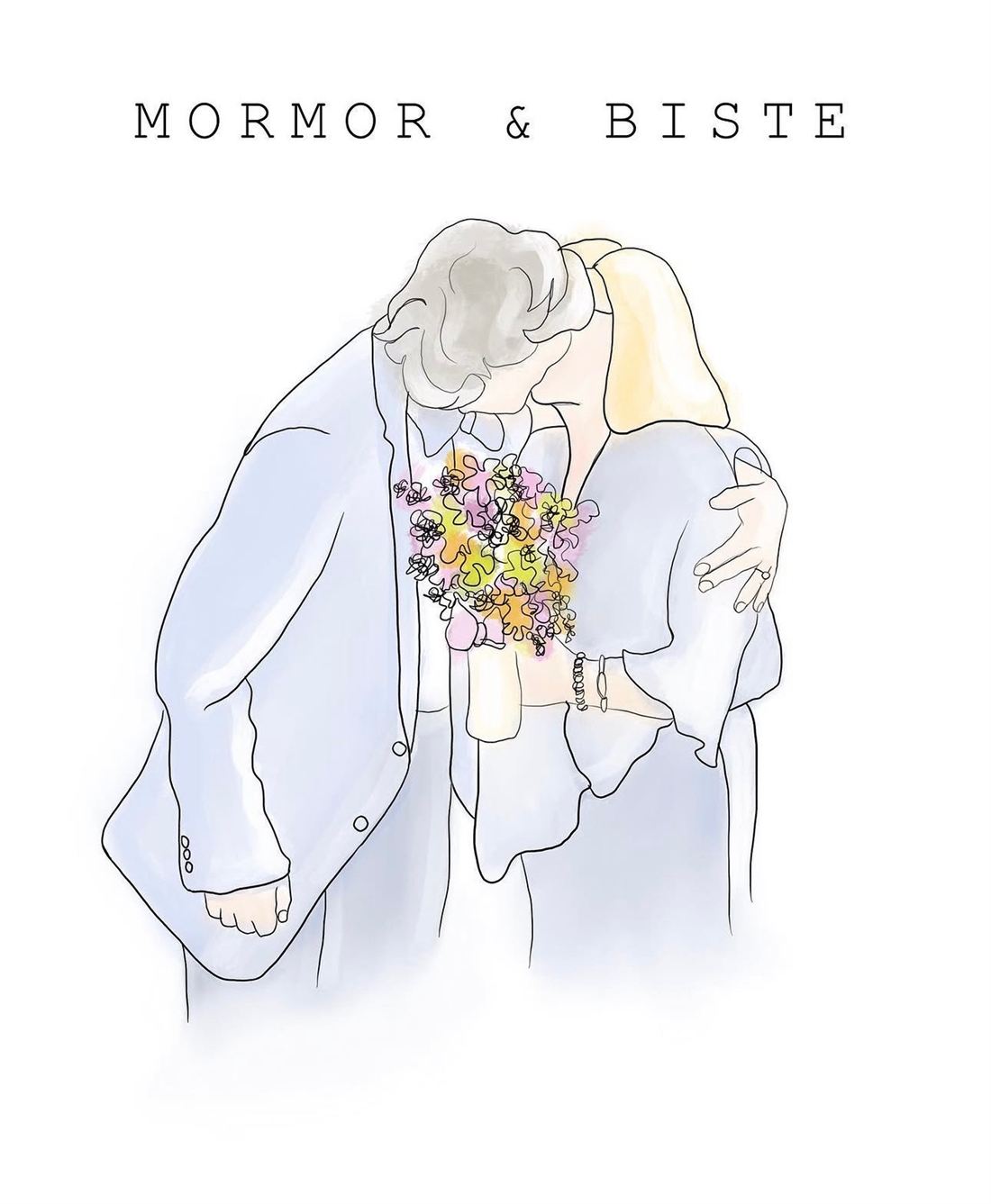 Tegning av et eldre par som omfavner hverandre med en blomsterbukett